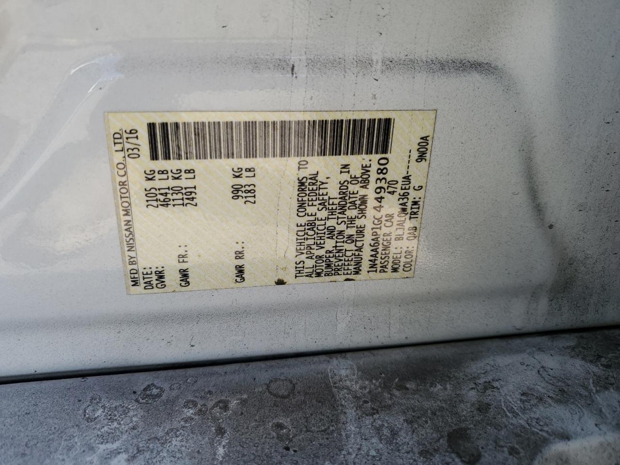 2016 Nissan Maxima 3.5S VIN: 1N4AA6AP1GC449380 Lot: 66008635