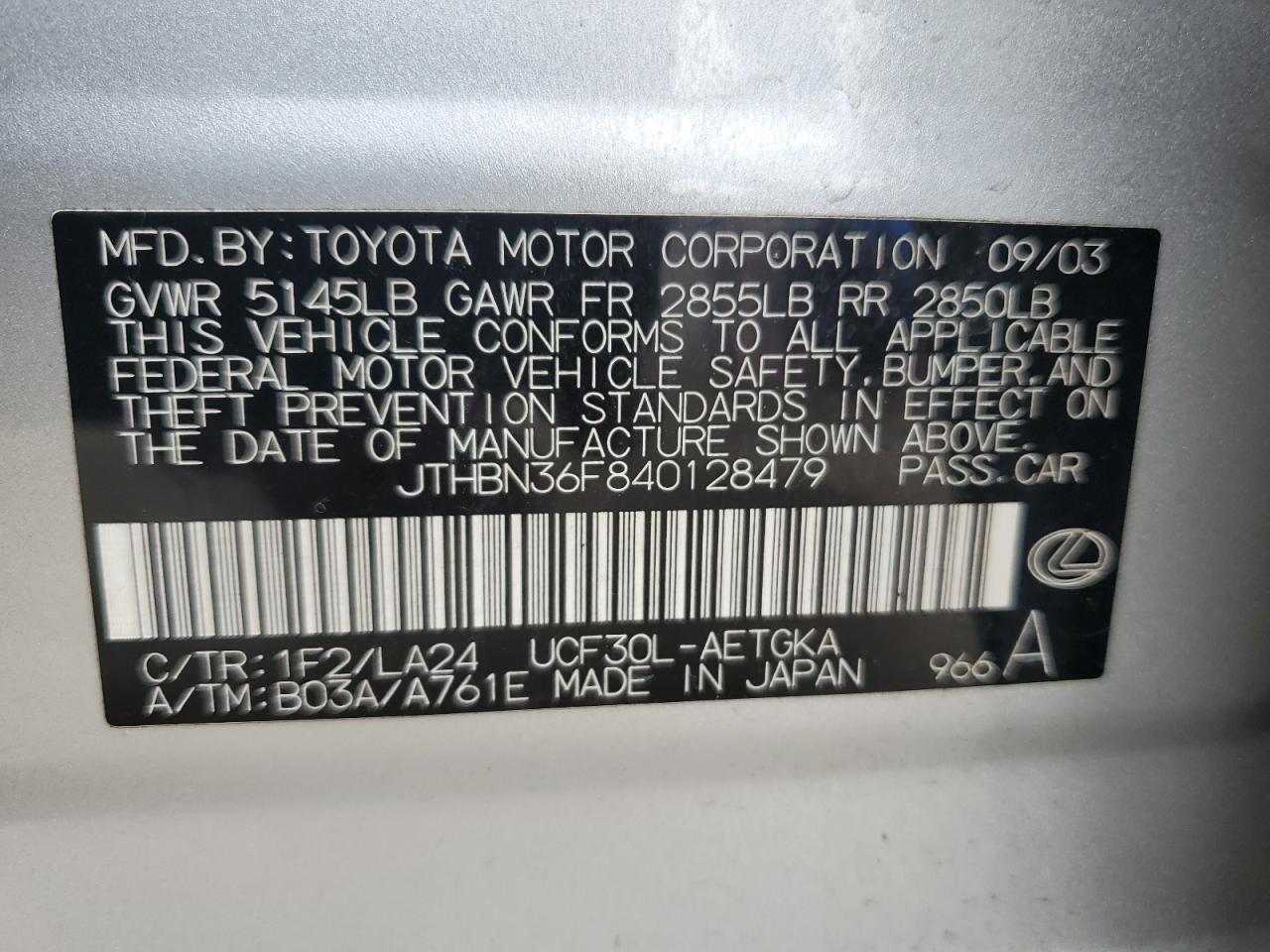jthbn36f840128479 JTHBN36F840128479 2004 Lexus Ls 430