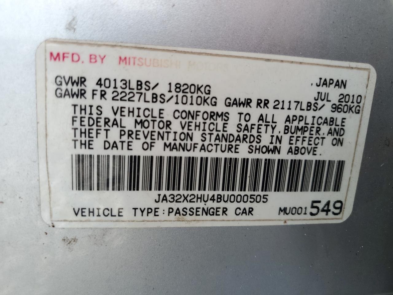 2011 Mitsubishi Lancer Es/Es Sport VIN: JA32X2HU4BU000505 Lot: 64941575