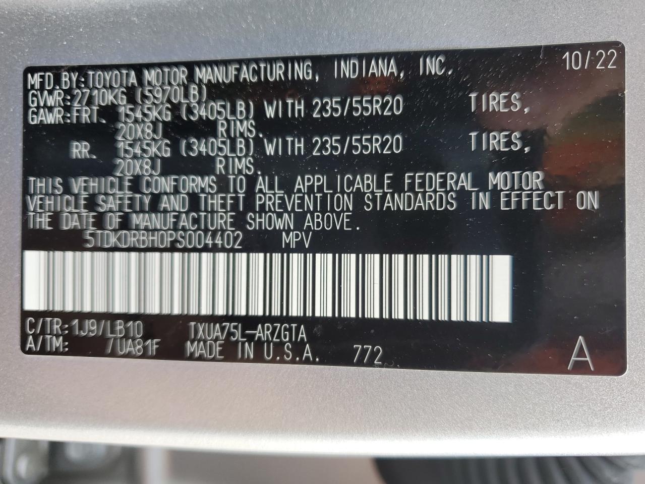 2023 Toyota Highlander L VIN: 5TDKDRBH0PS004402 Lot: 62162045