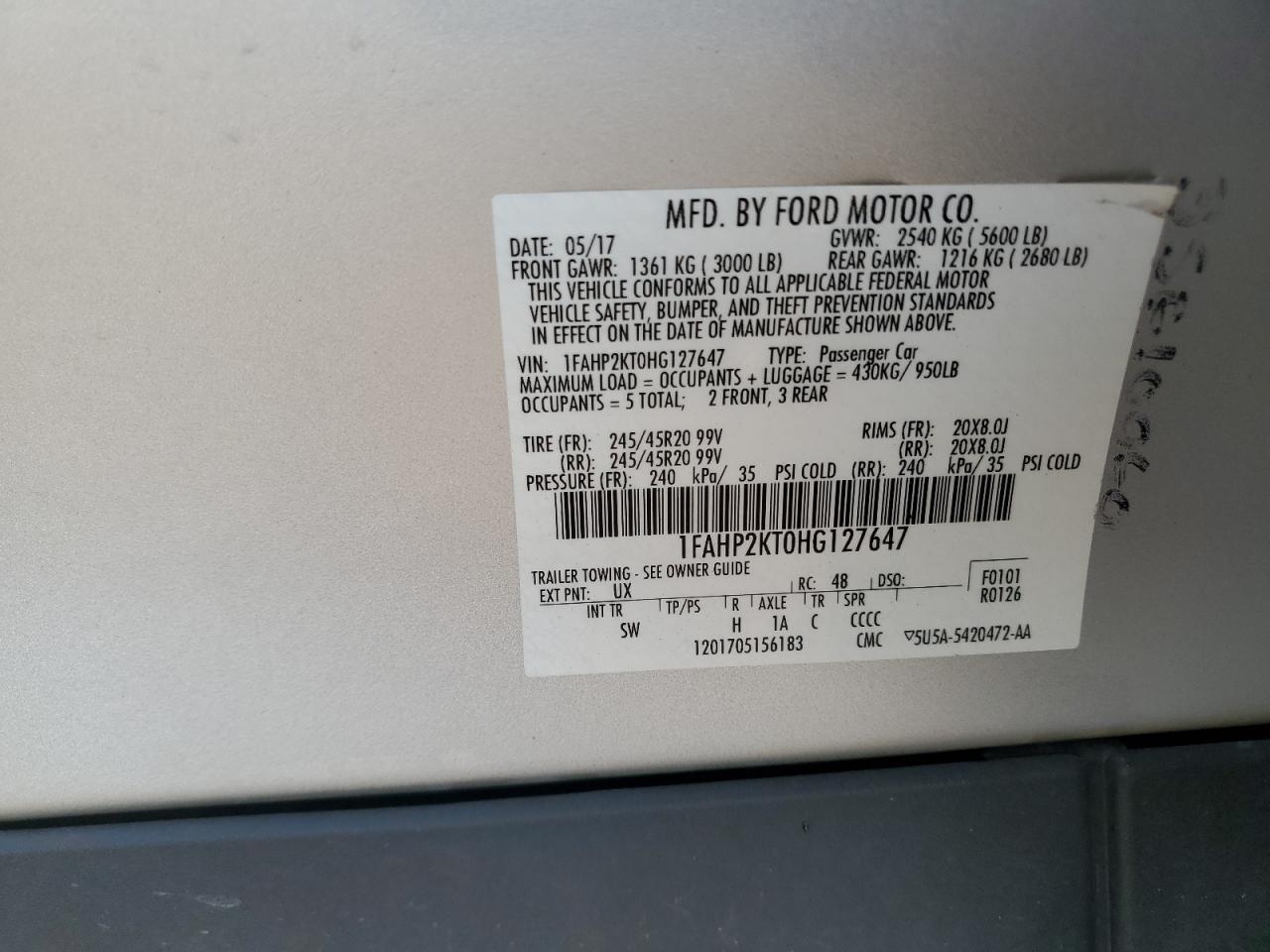 2017 Ford Taurus Sho VIN: 1FAHP2KT0HG127647 Lot: 64964955