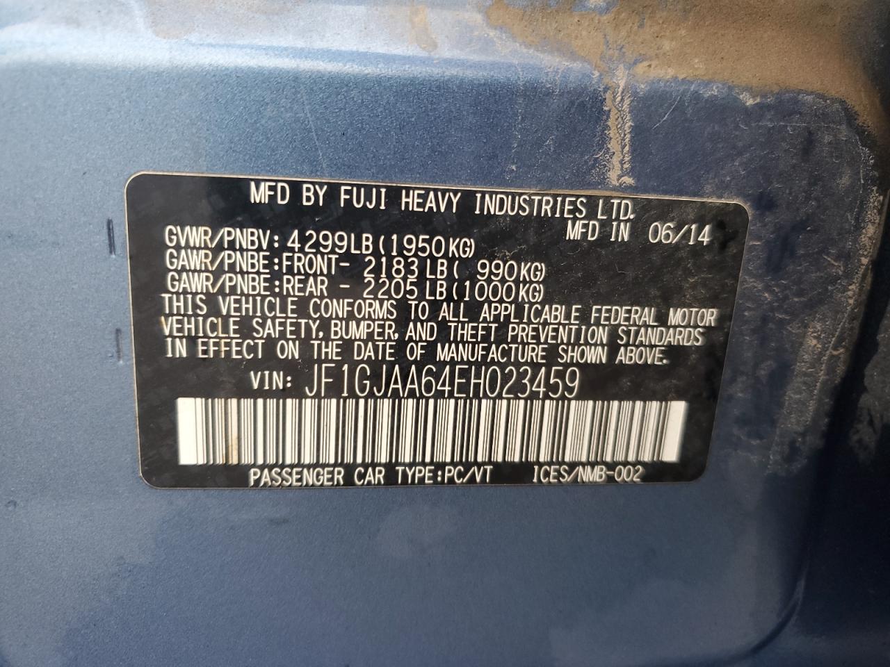 2014 Subaru Impreza VIN: JF1GJAA64EH023459 Lot: 66857575