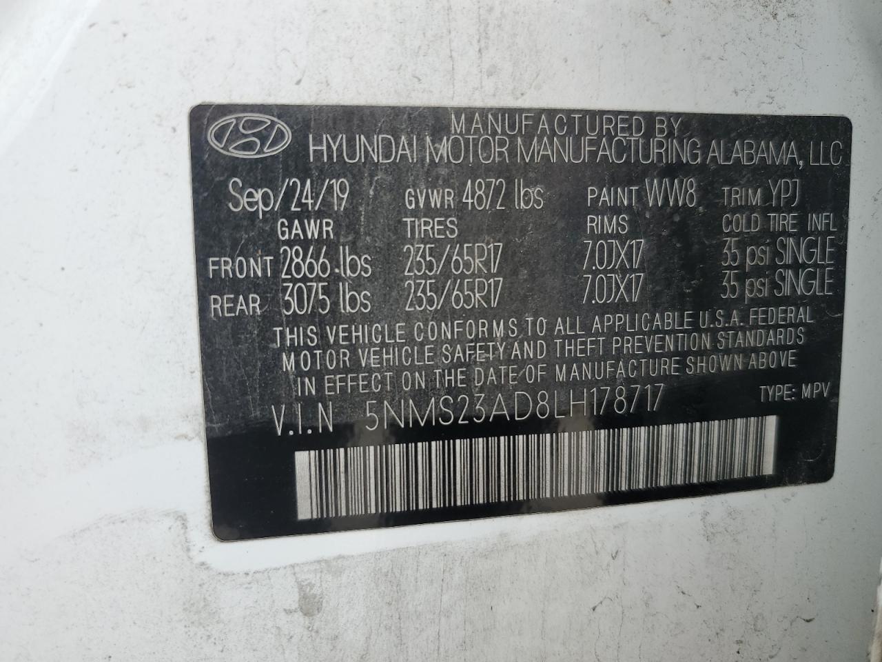 2020 Hyundai Santa Fe Se VIN: 5NMS23AD8LH178717 Lot: 64889735