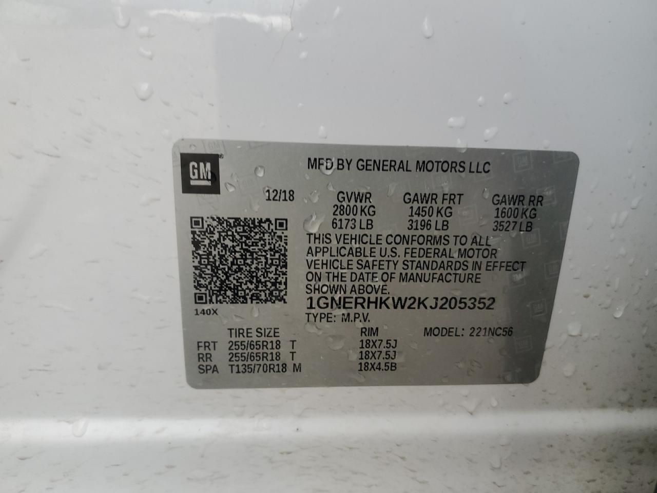 2019 Chevrolet Traverse Lt VIN: 1GNERHKW2KJ205352 Lot: 65753415