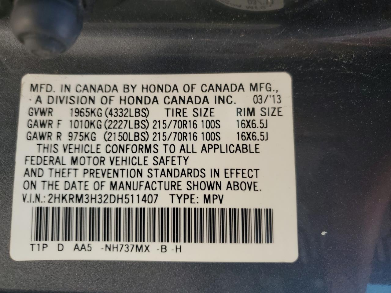 2013 Honda Cr-V Lx VIN: 2HKRM3H32DH511407 Lot: 65765845