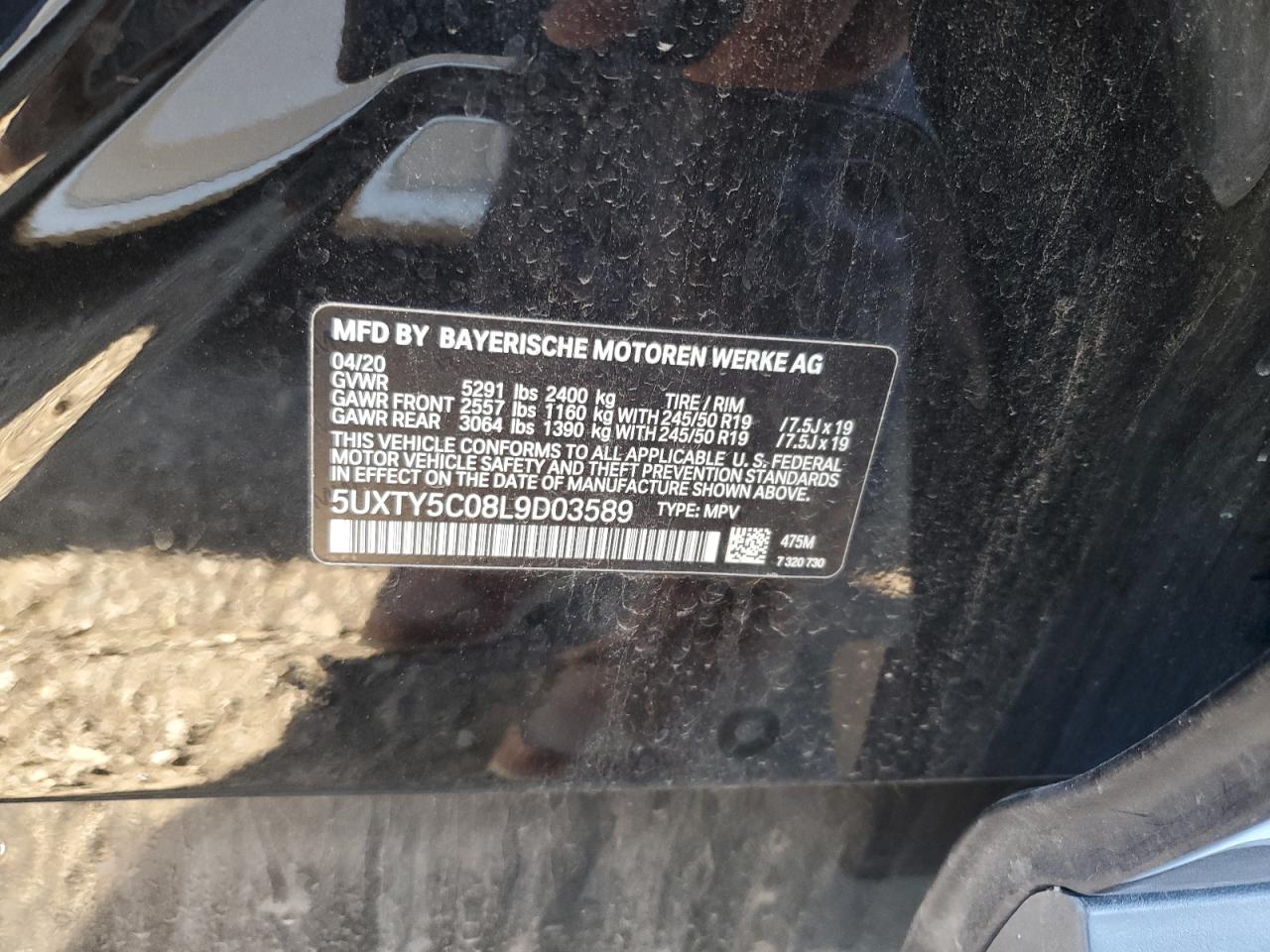 2020 BMW X3 xDrive30I VIN: 5UXTY5C08L9D03589 Lot: 62190425