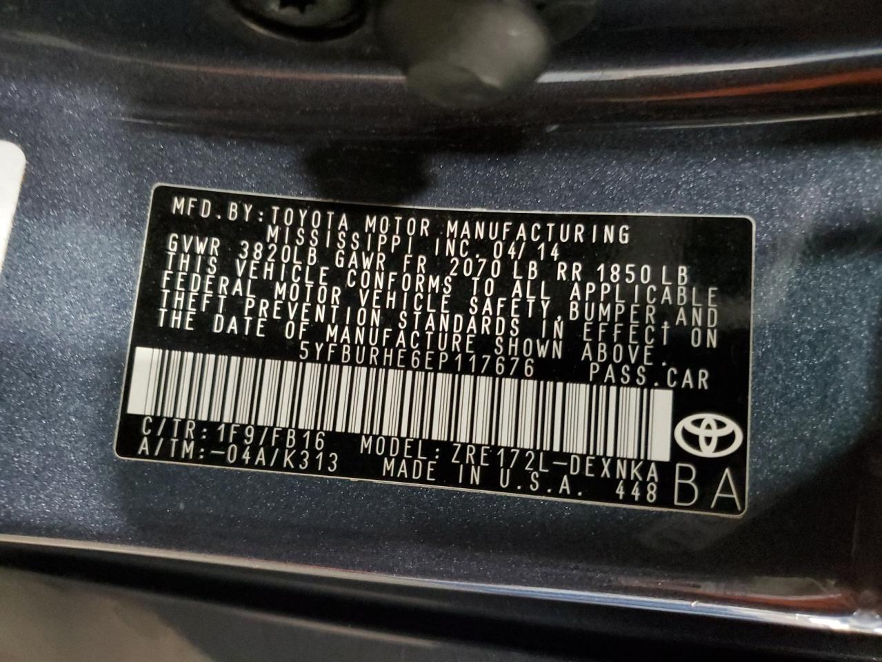 2014 Toyota Corolla L VIN: 5YFBURHE6EP117676 Lot: 64747575