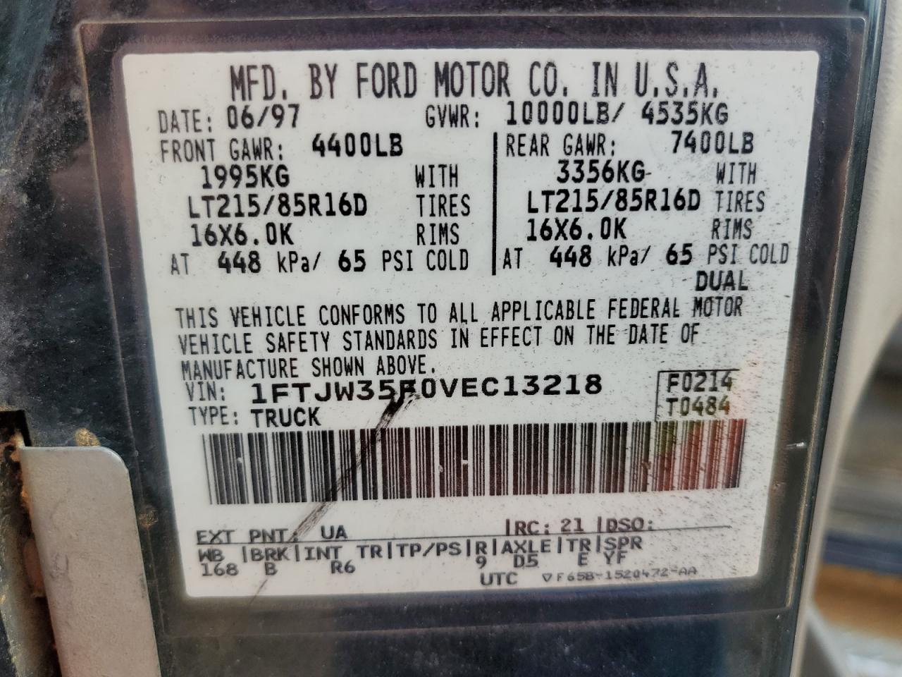 1997 Ford F350 VIN: 1FTJW35F0VEC13218 Lot: 63542035
