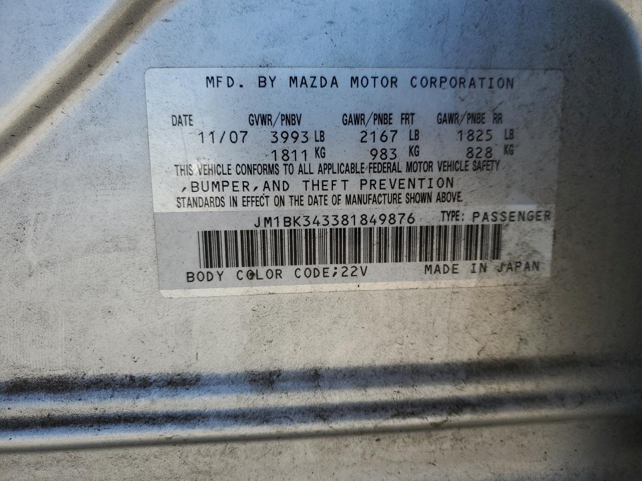 2008 Mazda 3 Hatchback VIN: JM1BK343381849876 Lot: 65281025