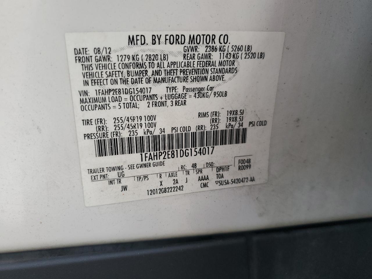 2013 Ford Taurus Sel VIN: 1FAHP2E81DG154017 Lot: 66517005