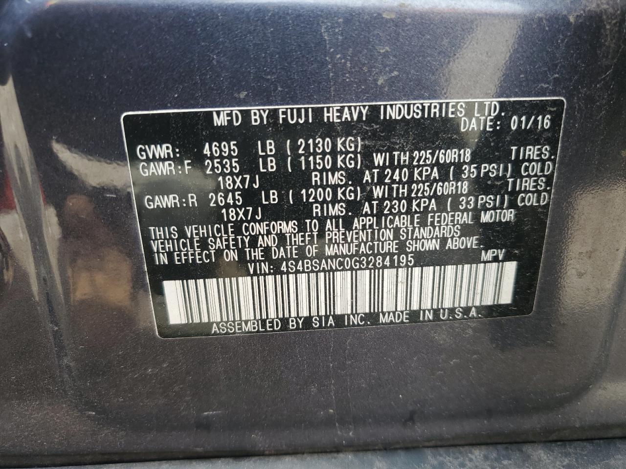 2016 Subaru Outback 2.5I Limited VIN: 4S4BSANC0G3284195 Lot: 63329235