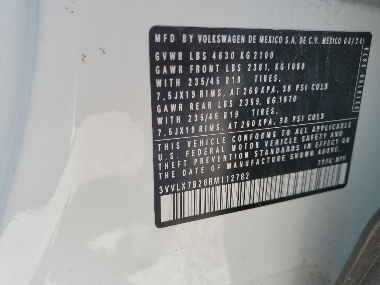 2024 Volkswagen Taos Se VIN: 3VVLX7B26RM112782 Lot: 64684795