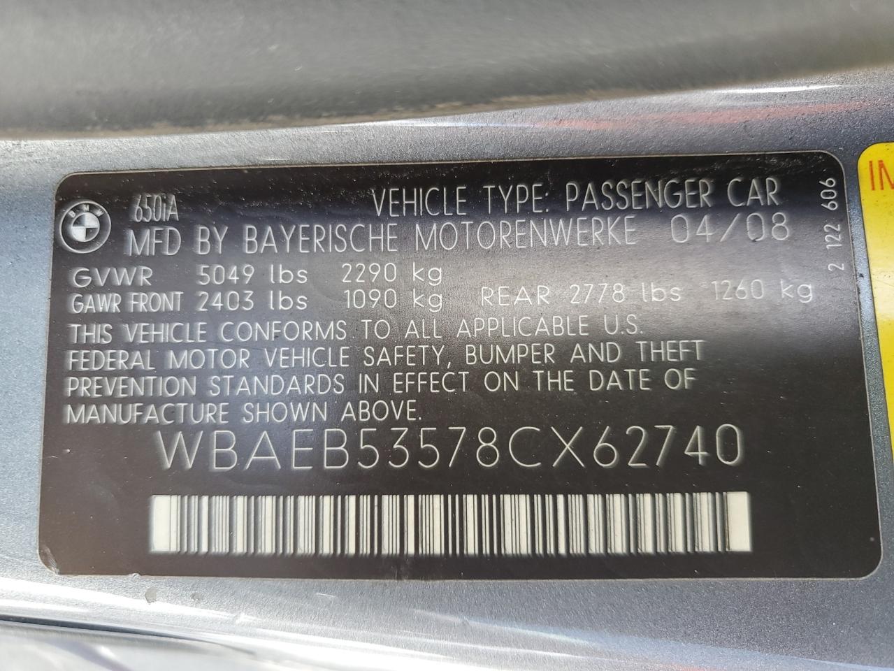 2008 BMW 650 I VIN: WBAEB53578CX62740 Lot: 65281385