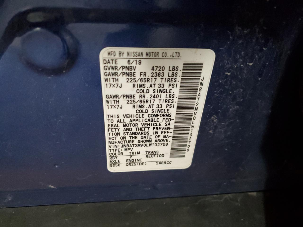 JN8AT2MV0LW102708 2020 Nissan Rogue S