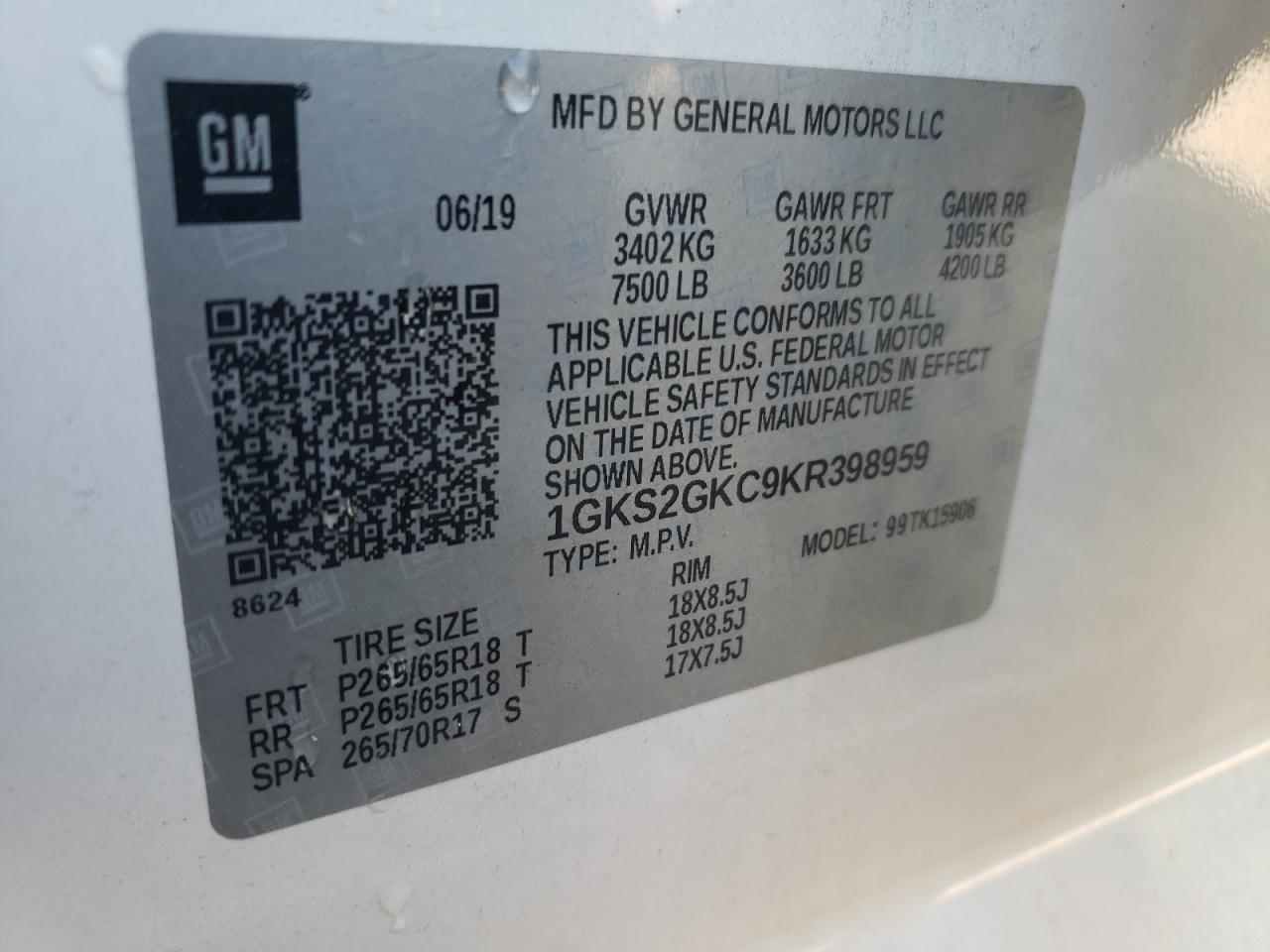 2019 GMC Yukon Xl K1500 Slt VIN: 1GKS2GKC9KR398959 Lot: 64660505