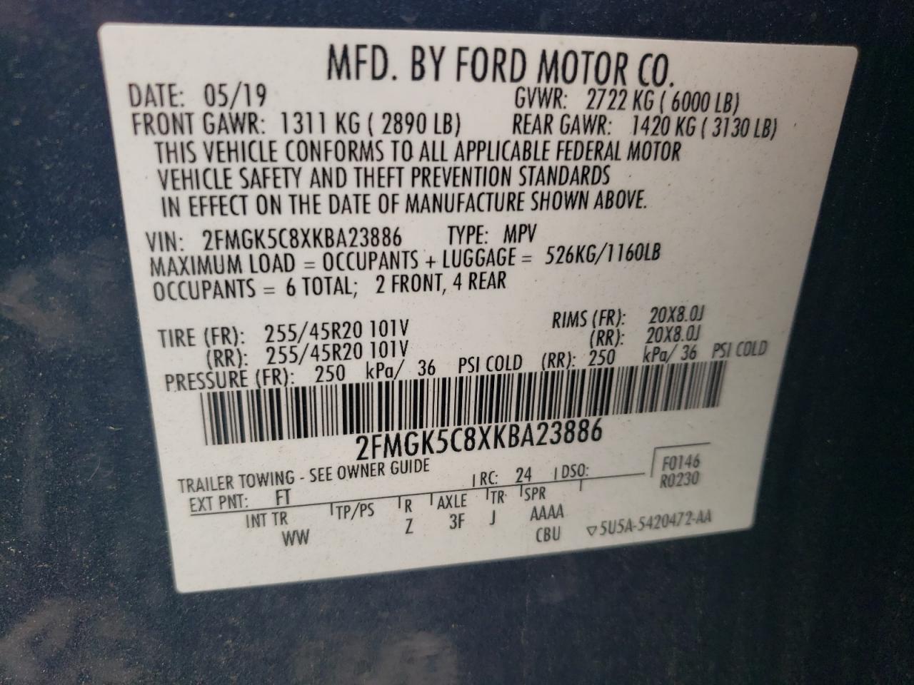 2019 Ford Flex Sel VIN: 2FMGK5C8XKBA23886 Lot: 63740175