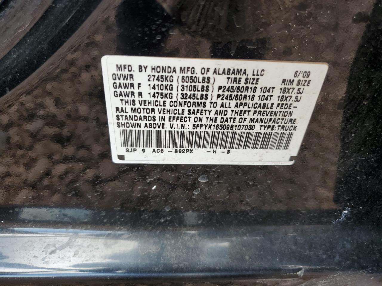 2009 Honda Ridgeline Rtl VIN: 5FPYK16509B107030 Lot: 65918545