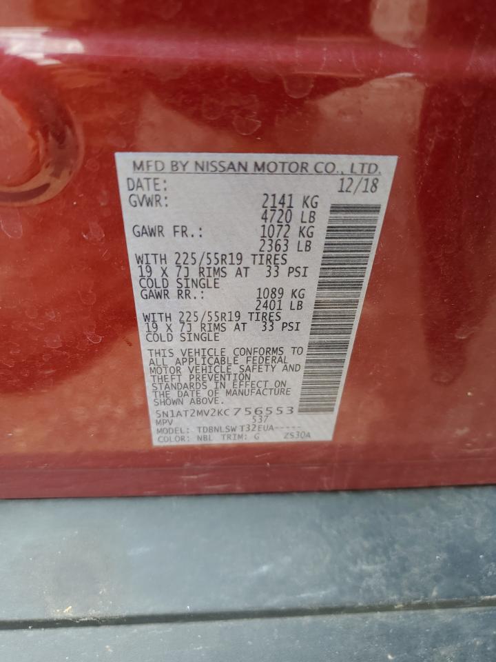 2019 Nissan Rogue S VIN: 5N1AT2MV2KC756553 Lot: 65250615