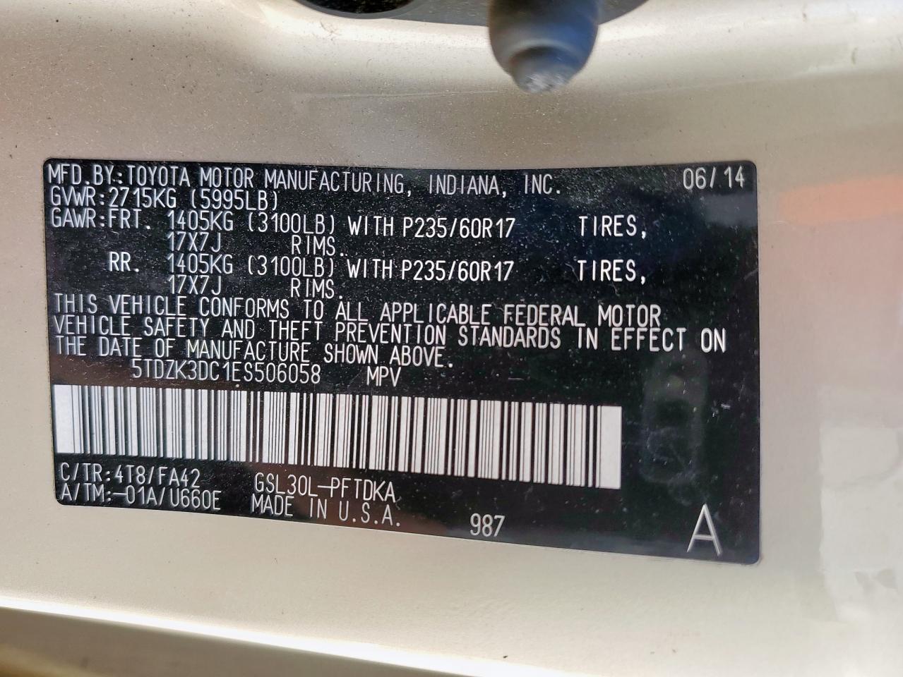 2014 Toyota Sienna VIN: 5TDZK3DC1ES506058 Lot: 64010755