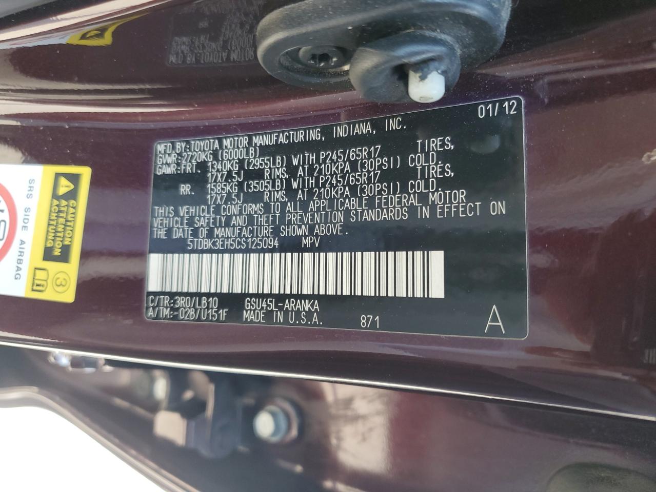 2012 Toyota Highlander Base VIN: 5TDBK3EH5CS125094 Lot: 64689485