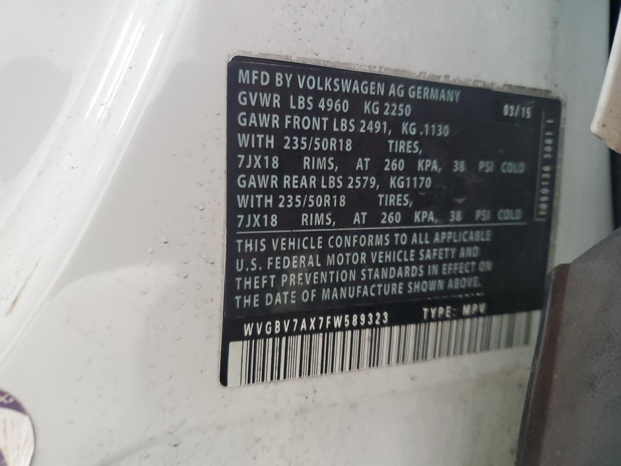 2015 Volkswagen Tiguan S VIN: WVGBV7AX7FW589323 Lot: 65200715