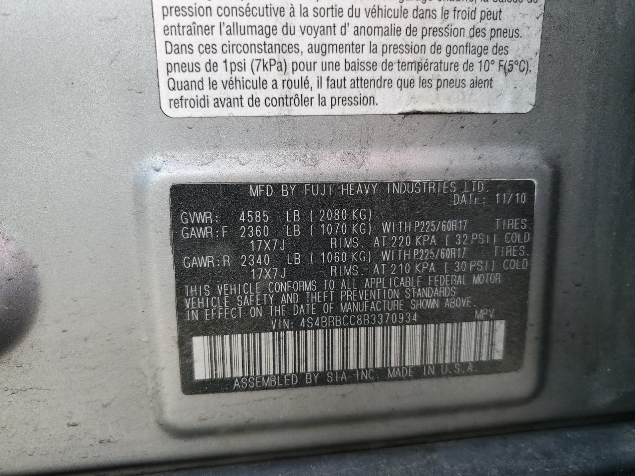 2011 Subaru Outback 2.5I Premium VIN: 4S4BRBCC8B3370934 Lot: 63525535