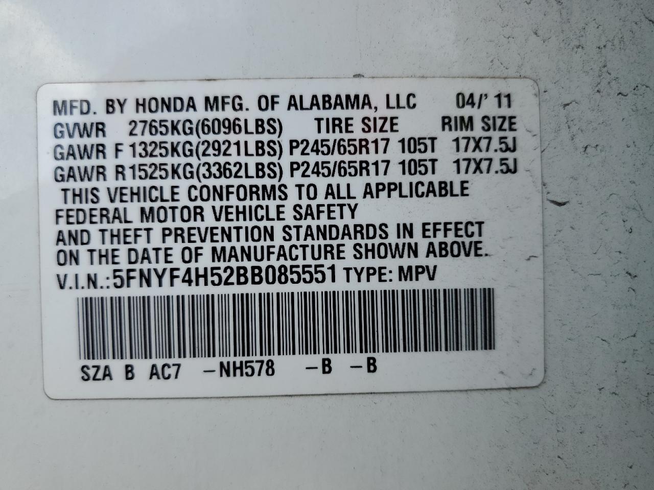 2011 Honda Pilot Exl VIN: 5FNYF4H52BB085551 Lot: 64305425