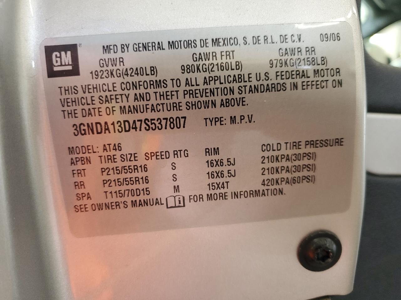 2007 Chevrolet Hhr Ls VIN: 3GNDA13D47S537807 Lot: 65956505