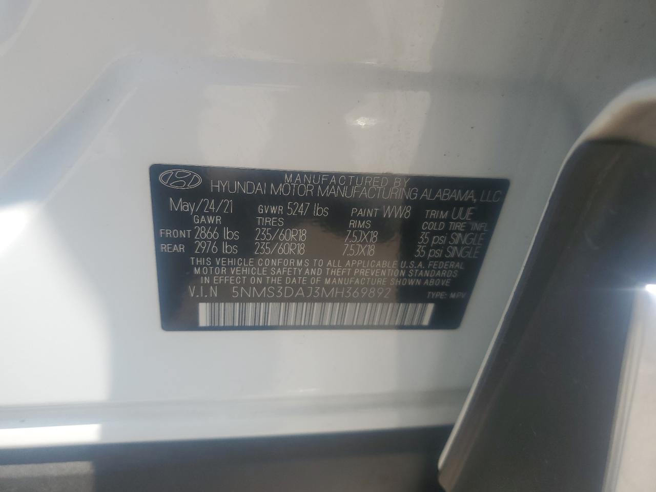 2021 Hyundai Santa Fe Sel VIN: 5NMS3DAJ3MH369892 Lot: 64075065