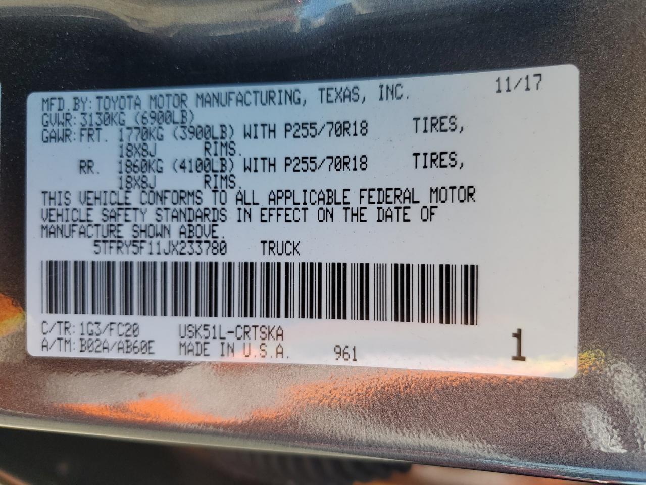 2018 Toyota Tundra Double Cab Sr VIN: 5TFRY5F11JX233780 Lot: 63058465