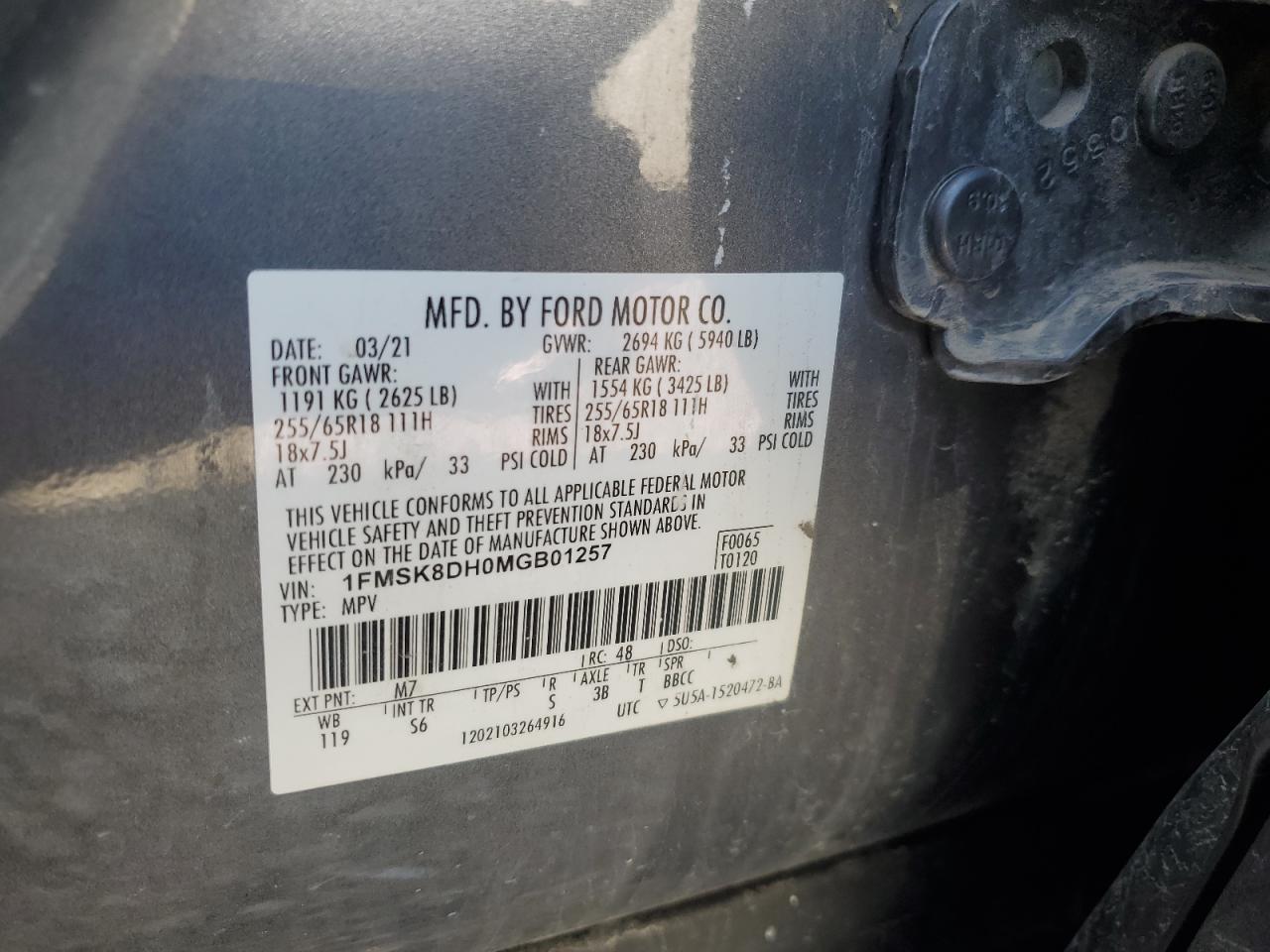 2021 Ford Explorer Xlt VIN: 1FMSK8DH0MGB01257 Lot: 63638655