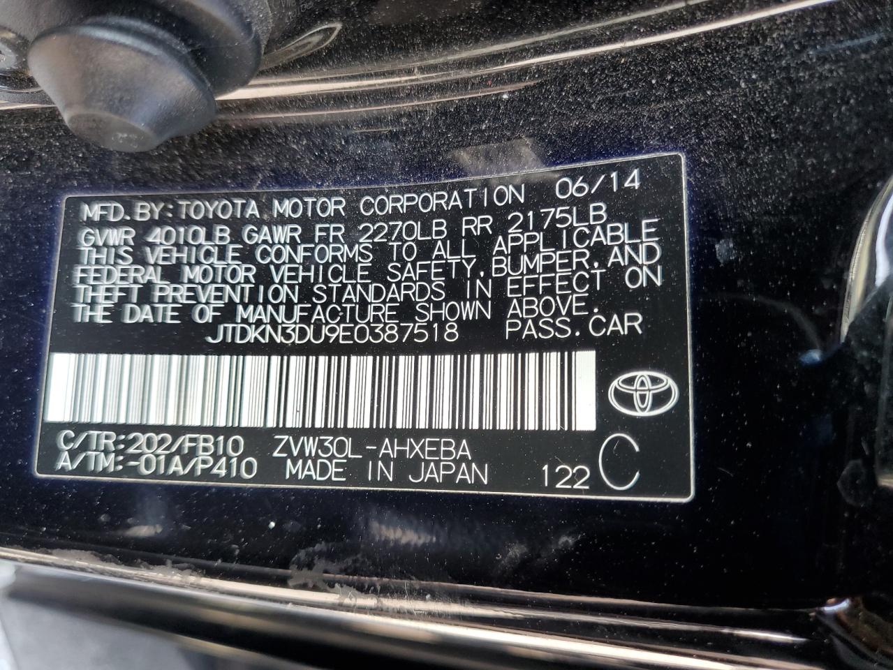 2014 Toyota Prius VIN: JTDKN3DU9E0387518 Lot: 64464975