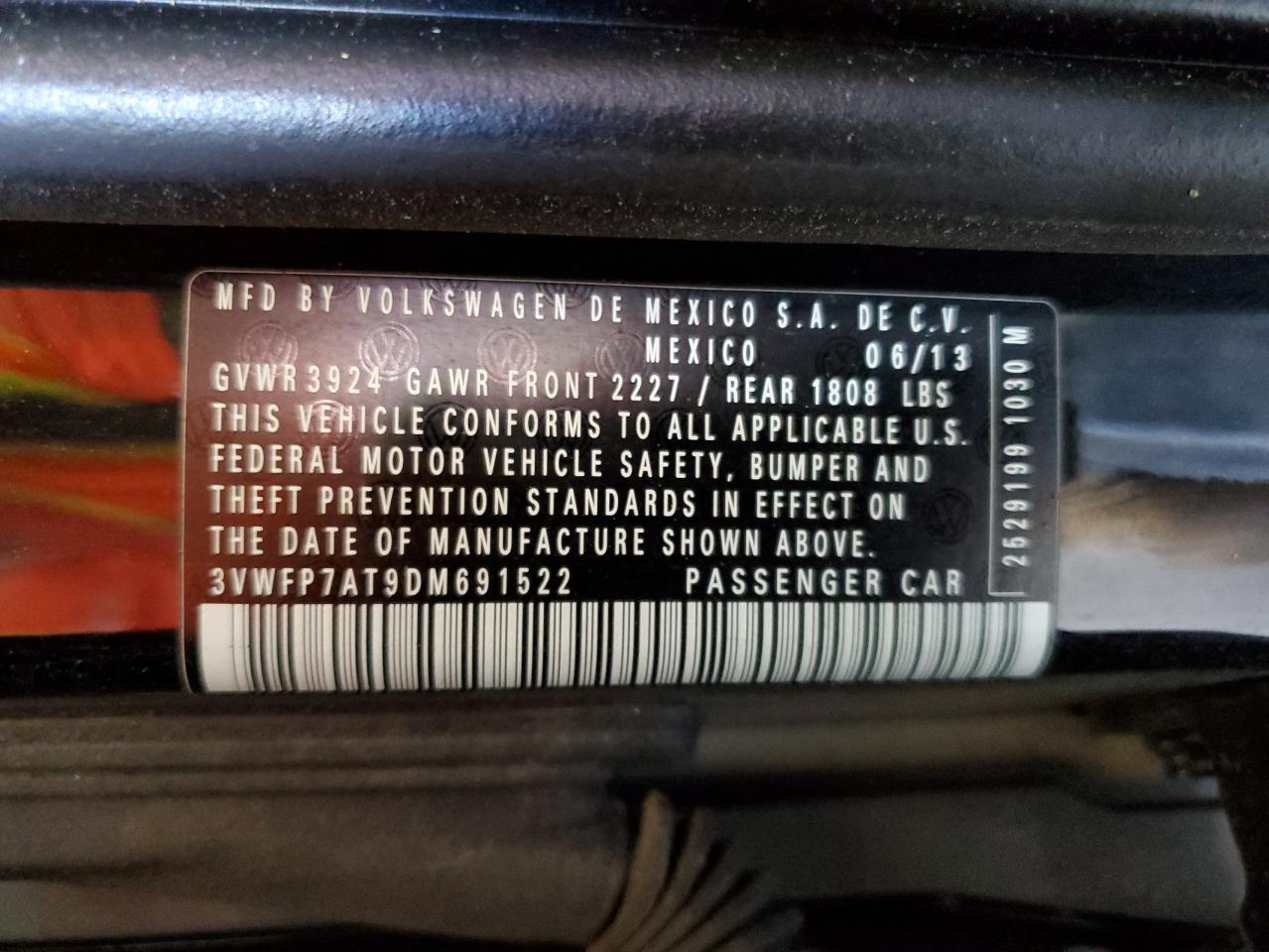 2013 Volkswagen Beetle VIN: 3VWFP7AT9DM691522 Lot: 64063775