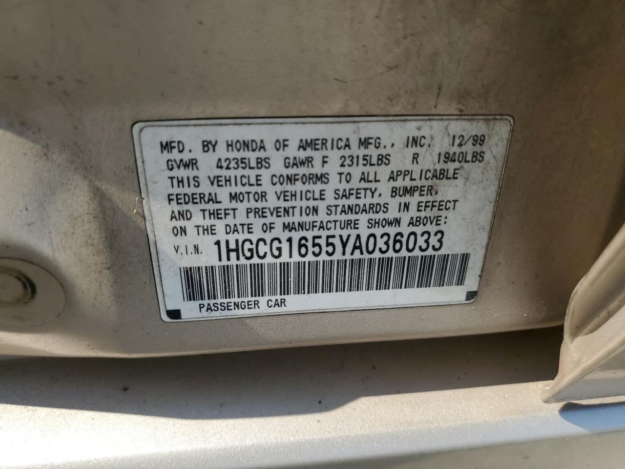 2000 Honda Accord Ex VIN: 1HGCG1655YA036033 Lot: 63814075