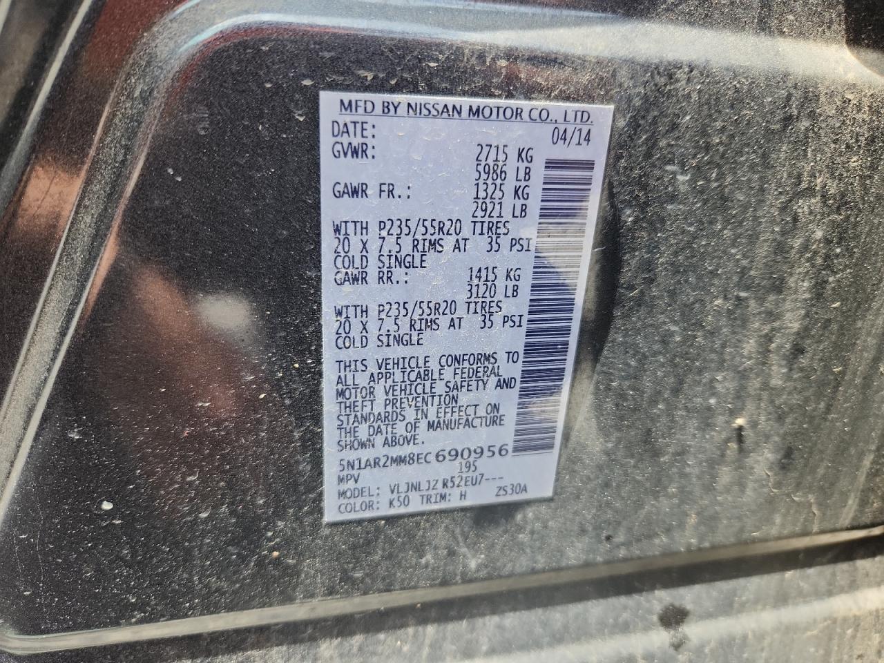 2014 Nissan Pathfinder S VIN: 5N1AR2MM8EC690956 Lot: 64611185