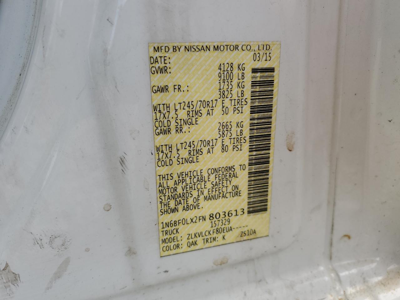2015 Nissan Nv 2500 VIN: 1N6BF0LX2FN803613 Lot: 64295995