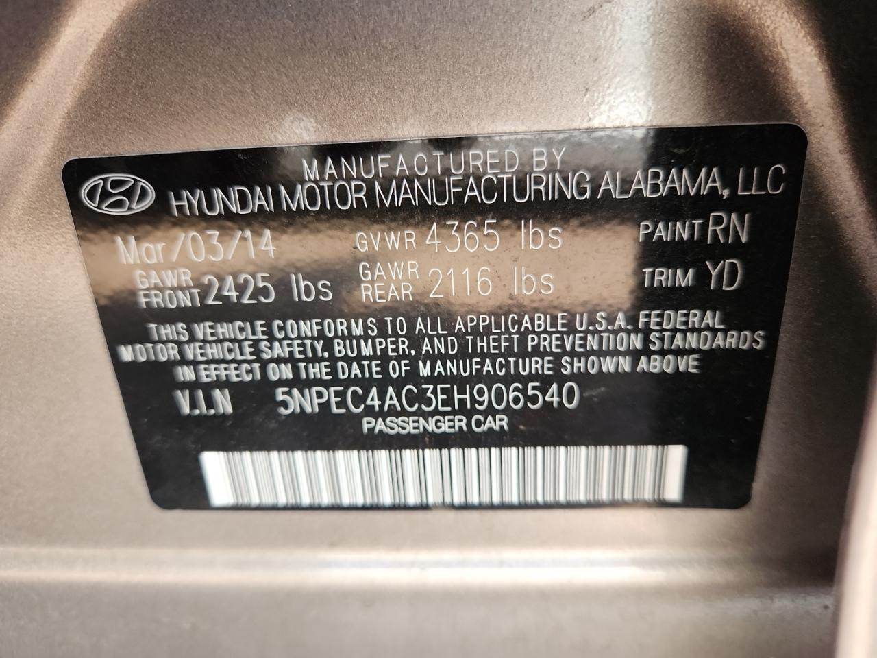 2014 Hyundai Sonata Se VIN: 5NPEC4AC3EH906540 Lot: 64806325