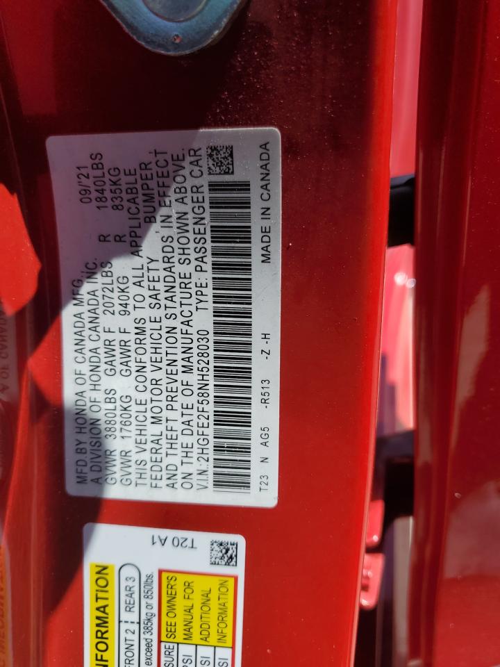 2022 Honda Civic Sport VIN: 2HGFE2F58NH528030 Lot: 65451935