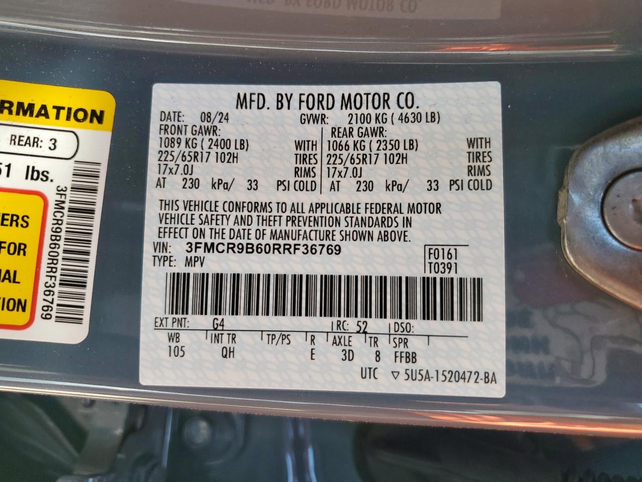 2024 Ford Bronco Sport Big Bend VIN: 3FMCR9B60RRF36769 Lot: 63913835