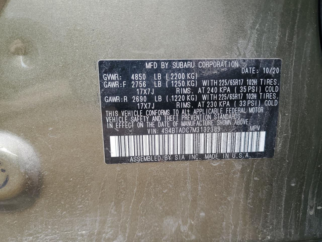 2021 Subaru Outback Premium VIN: 4S4BTADC7M3132389 Lot: 64725365