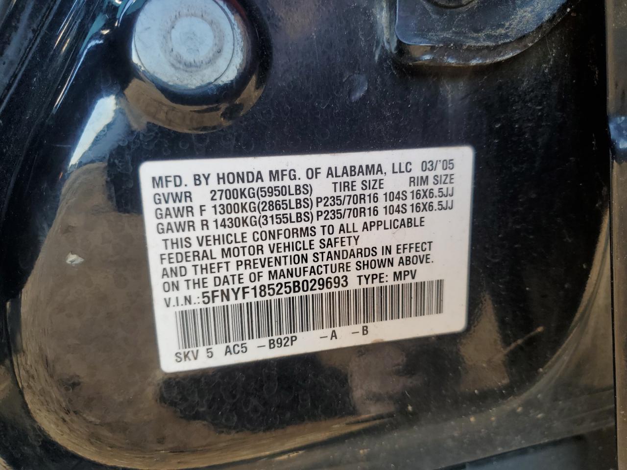 2005 Honda Pilot Exl VIN: 5FNYF18525B029693 Lot: 63383965