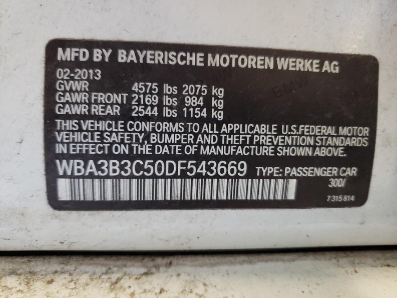 2013 BMW 328 Xi VIN: WBA3B3C50DF543669 Lot: 65444705