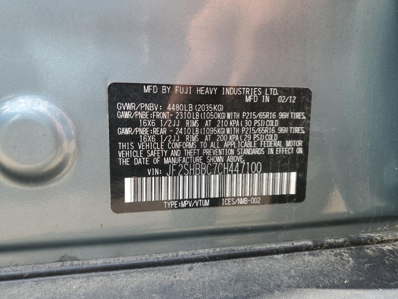 2012 Subaru Forester 2.5X VIN: JF2SHBBC7CH447100 Lot: 63490505