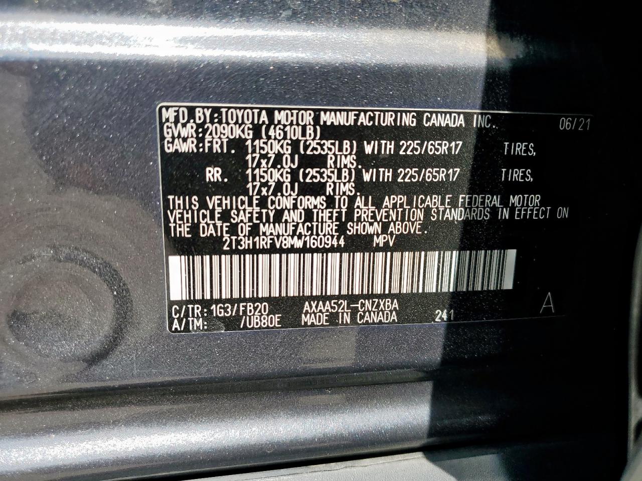 2021 Toyota Rav4 Le VIN: 2T3H1RFV8MW160944 Lot: 64510805