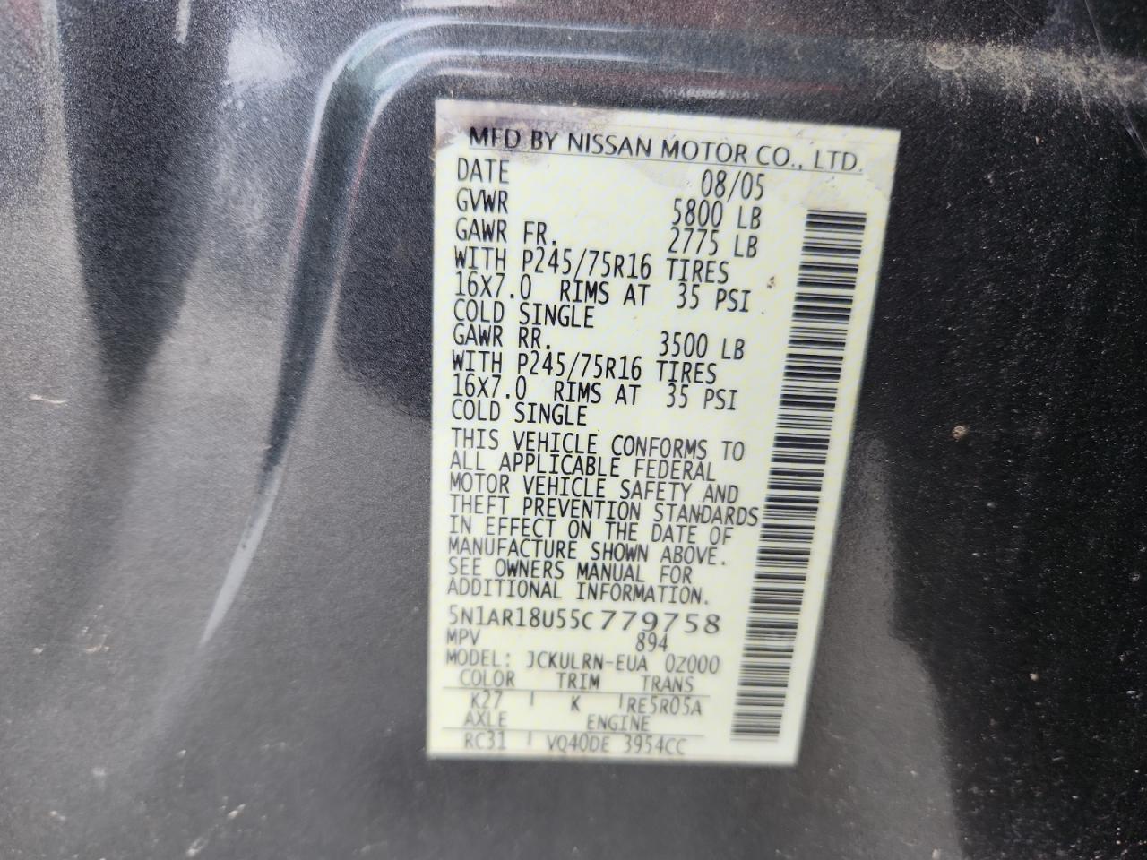 2005 Nissan Pathfinder Le VIN: 5N1AR18U55C779758 Lot: 63161935