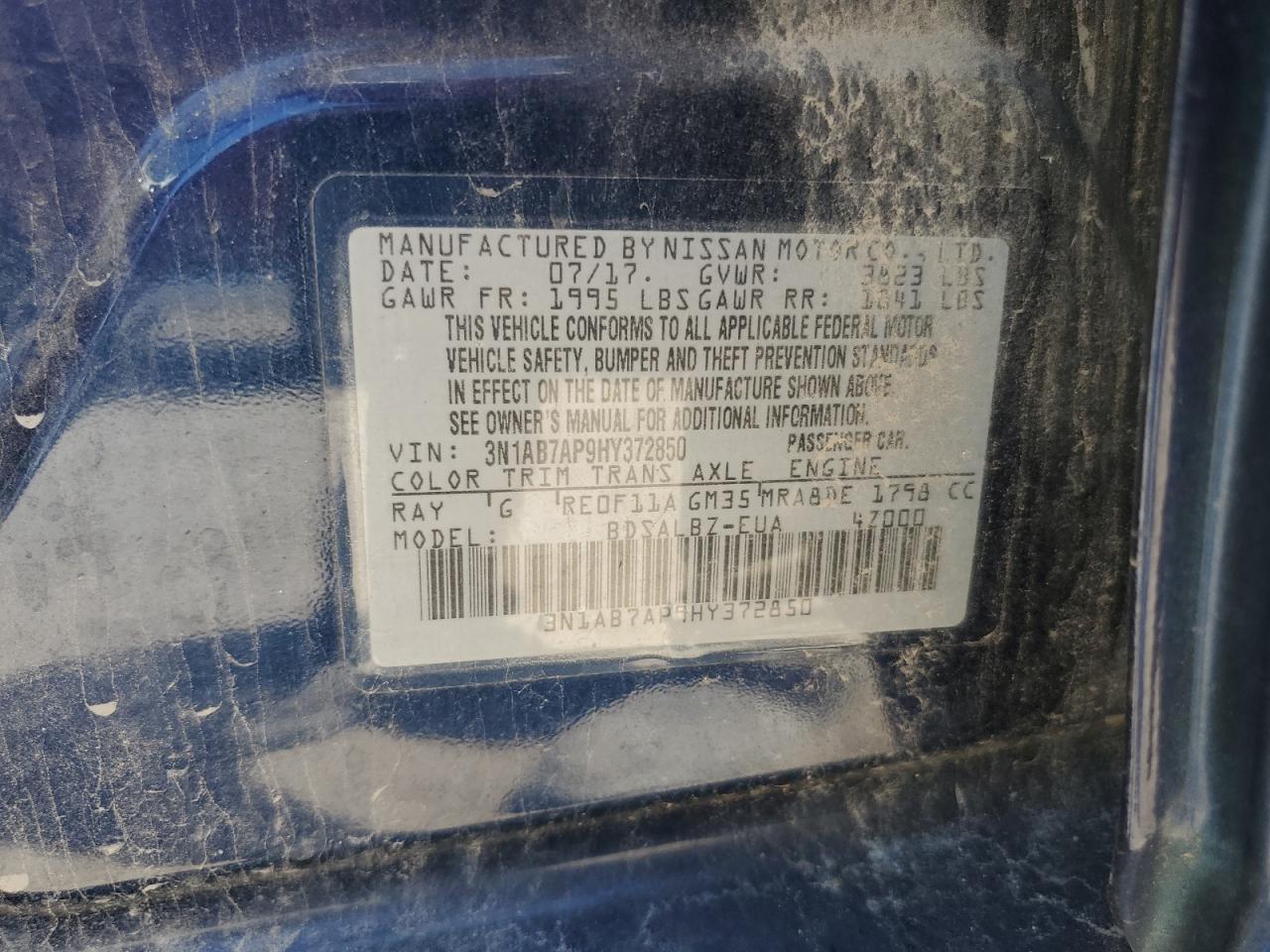 2017 Nissan Sentra S VIN: 3N1AB7AP9HY372850 Lot: 64923155