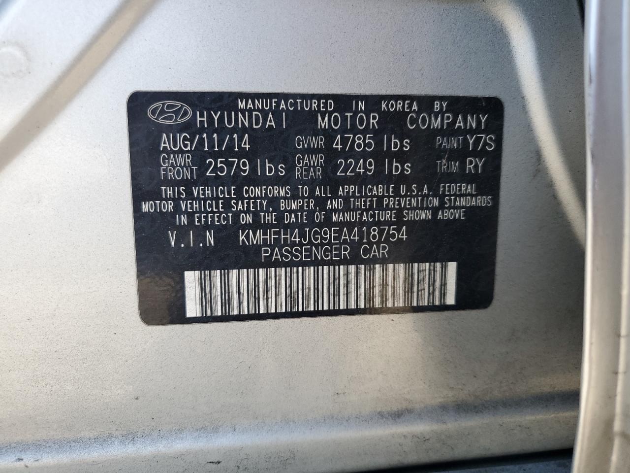 2014 Hyundai Azera Gls VIN: KMHFH4JG9EA418754 Lot: 64101695
