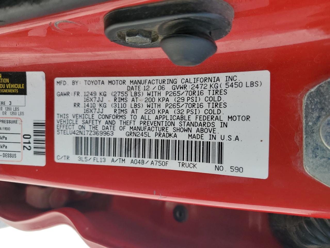 2007 Toyota Tacoma Double Cab VIN: 5TELU42N17Z369963 Lot: 63009865
