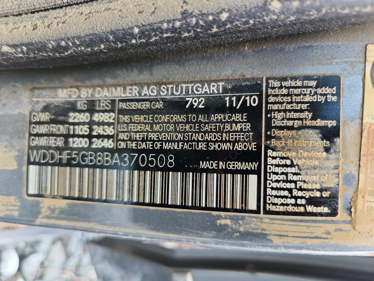 2011 Mercedes-Benz E 350 VIN: WDDHF5GB8BA370508 Lot: 64413615