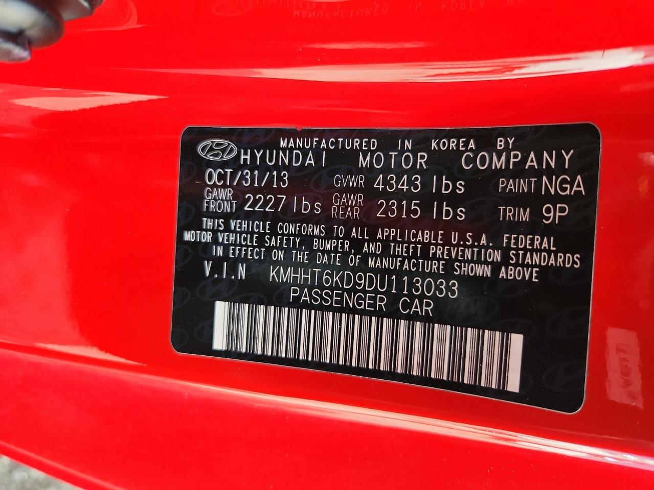 2013 Hyundai Genesis Coupe 2.0T VIN: KMHHT6KD9DU113033 Lot: 63063905